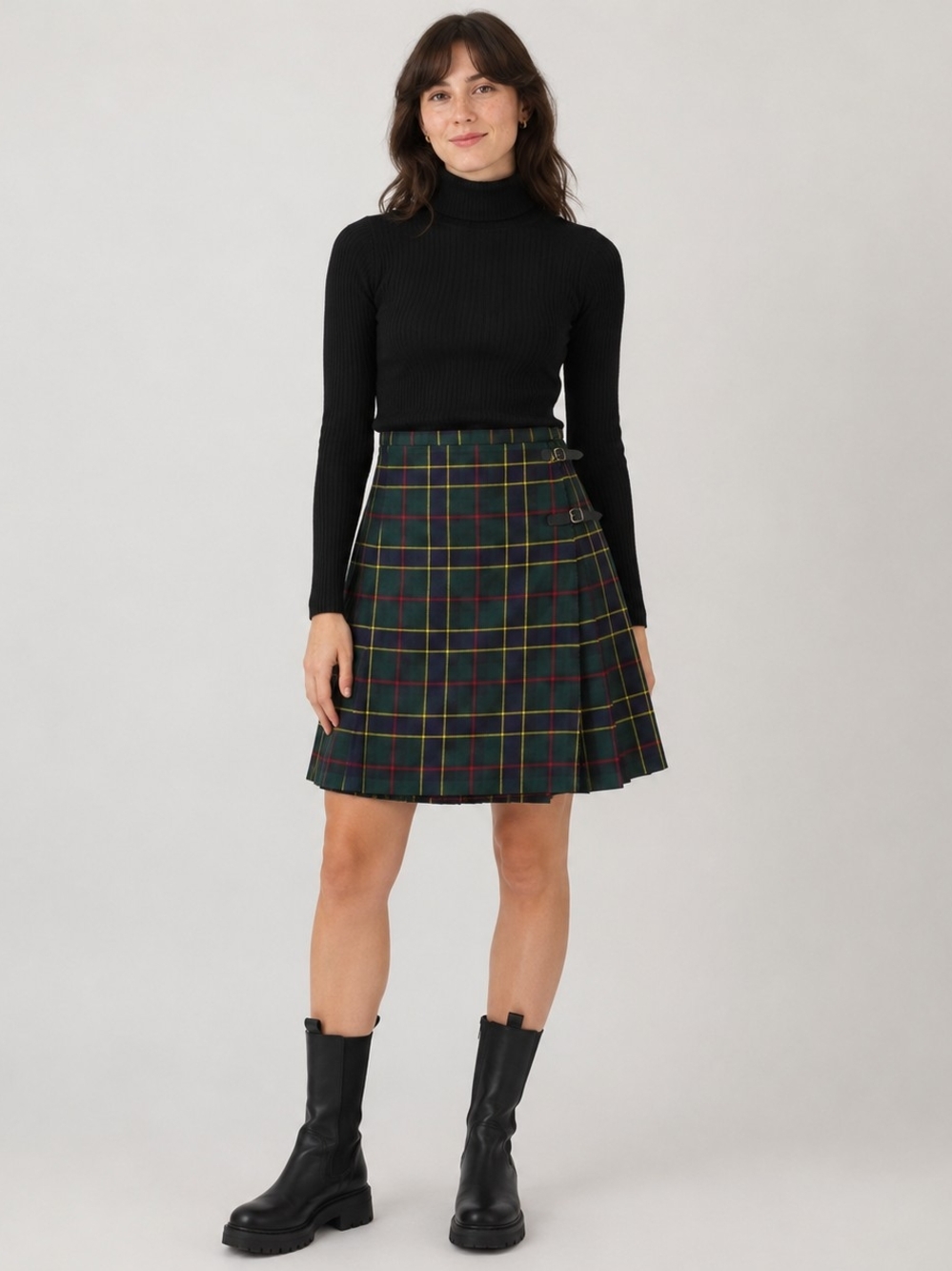 Tartan Pleated Circle Skirt in Dark Green Plaid